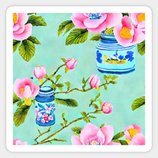 Magnolia in chinoiserie jars on green Sticker